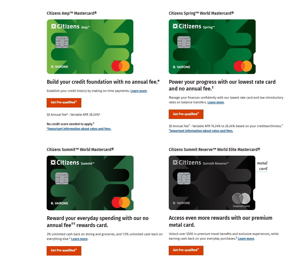 Types of Citizens Bank credit cards