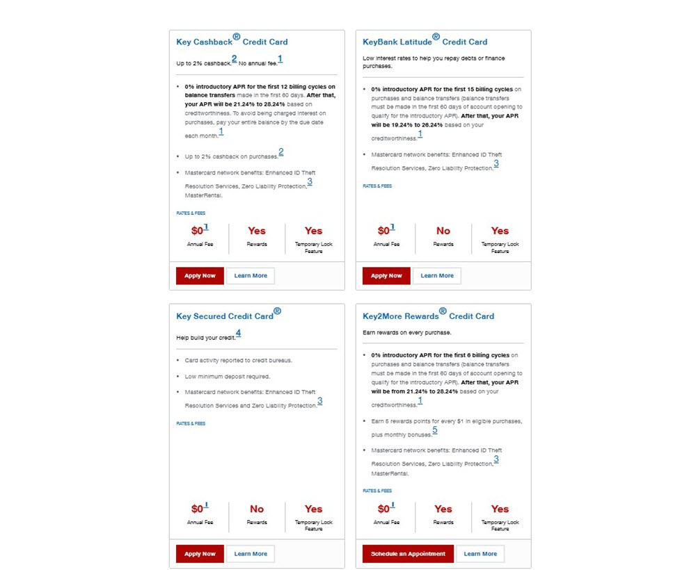 Types of KeyBank credit cards